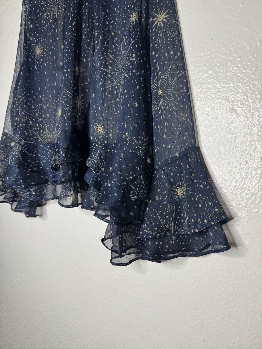 LOFT Celestial Shimmer Ruffle Peplum Blouse Navy Blue Sheer Star Print Sz XL - Picture 4 of 10